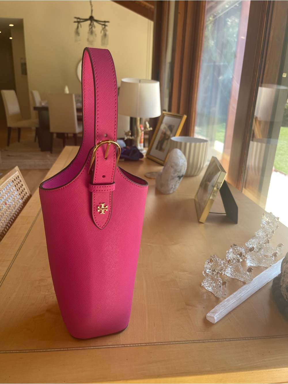 Tory Burch Hot Pink Leather wine Tote with Gold Hardware